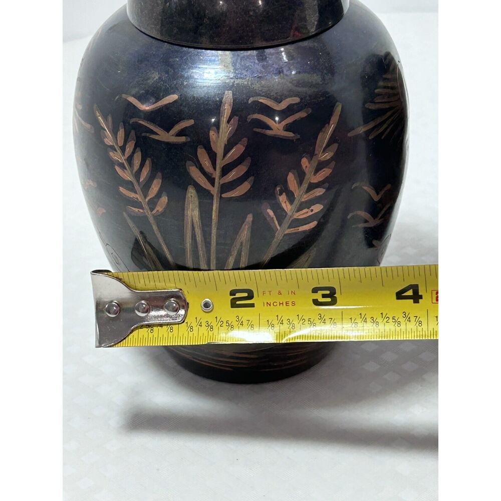 2 Vintage Tricolor Brass Swan Ginger Jar Urn Metal Lake Scene Asian Sunset India - Picture 8 of 13
